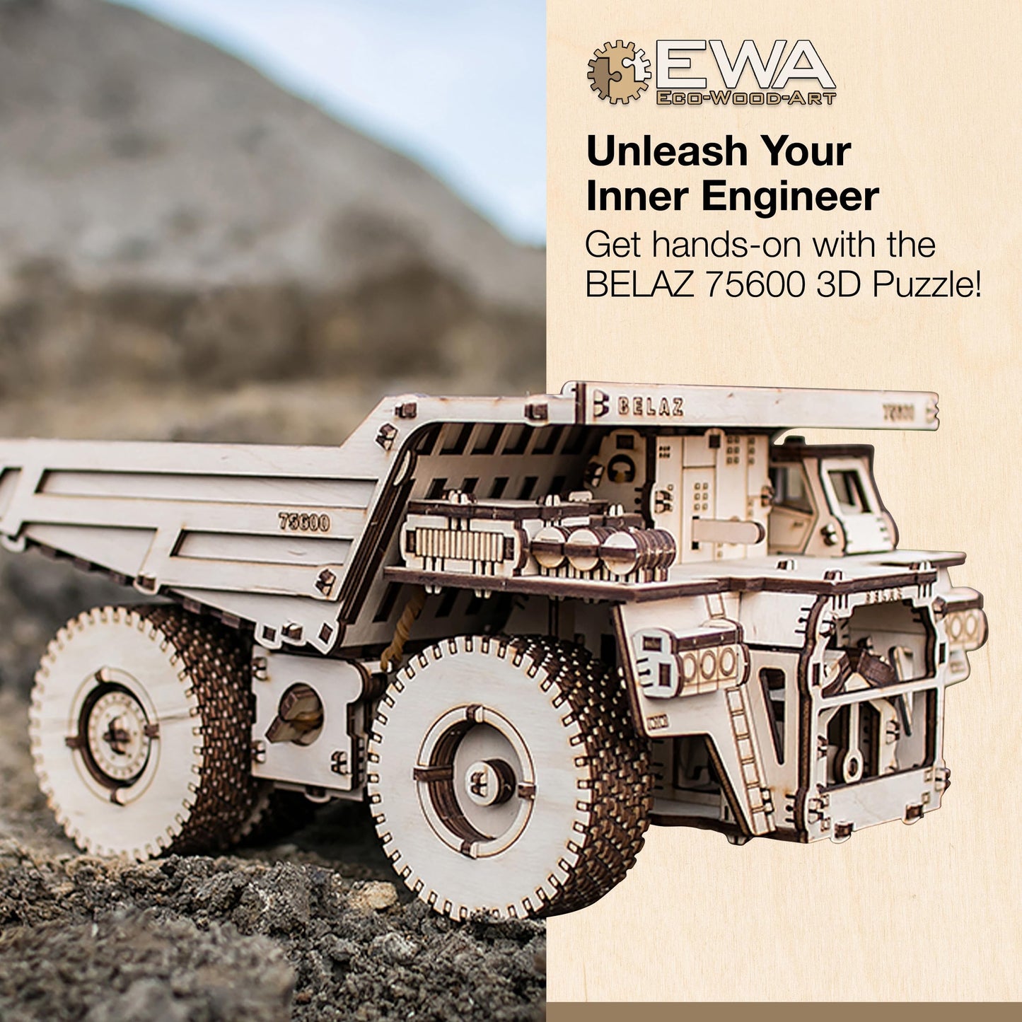 EWA Eco-Wood-Art BELAZ 75600 3D Wooden Puzzle, 307 Pieces, Mechanical Model Kit, Ages 14+, 12.2x7.87 Inches, Wood Construction