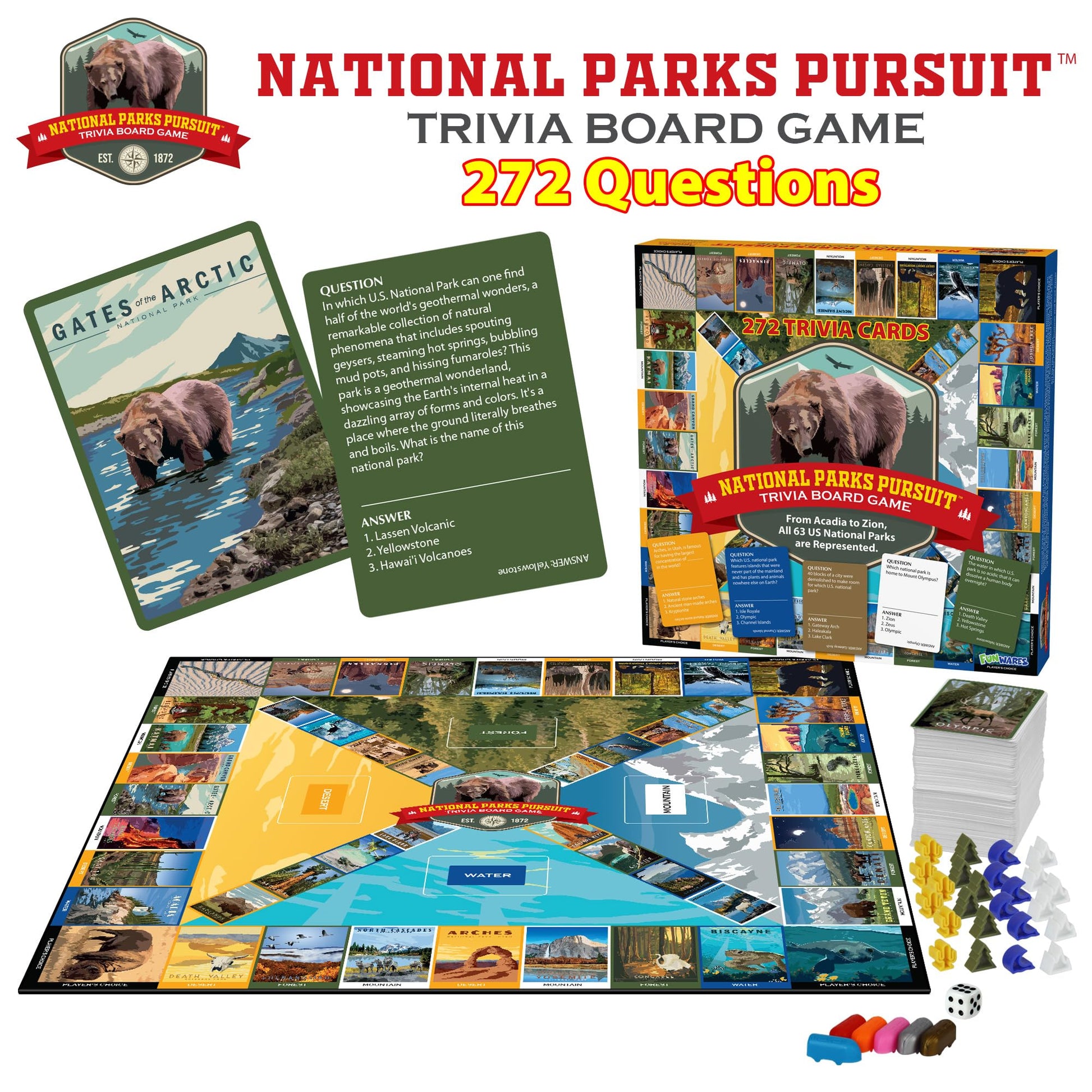 Funwares National Parks Pursuit - Educational Trivia Board Game for Kids Adults and Families - Fun Geography Travel Learning Game Night Activity
