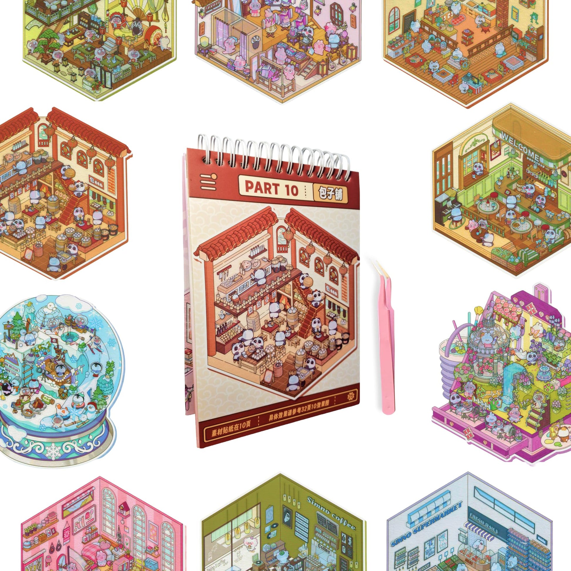 3D Sticker Scene Book - Reusable Stickers Scenes for Adults & Kids, 15 Sets Miniature Scene Sticker Book with Tweezer, Cozy Room Stickers, Portable