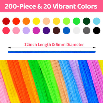 Tiehuoxia 200pcs Multicolor Pipe Cleaners, 20 Colors Chenille Stems for DIY Crafts & Art Projects, Includes Beginner's Manual (12inch x 6mm)