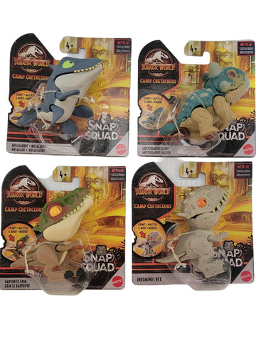 Jurassic World 2021 Camp Cretaceous Snap Squad Set of 4 Figures (Mosasaurus, Baryonyx Grim, Ankylosaurus Bumpy, Indominus Rex) from GGN26-956H Release