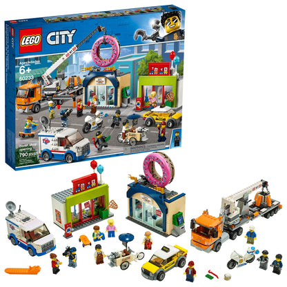 LEGO City Donut Shop Opening 60233 Store Opening Build and Play with Toy Taxi, Van and Truck with Crane, Easy Build with Minifigures for Boys and