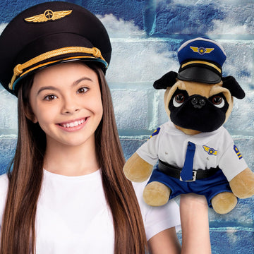 DolliBu Pug Dog Stuffed Animal with Pilot Costume and Name Personalization - Cute Pet Plush Toy with Airplane Aviation Uniform Dress Up - 8 Inches