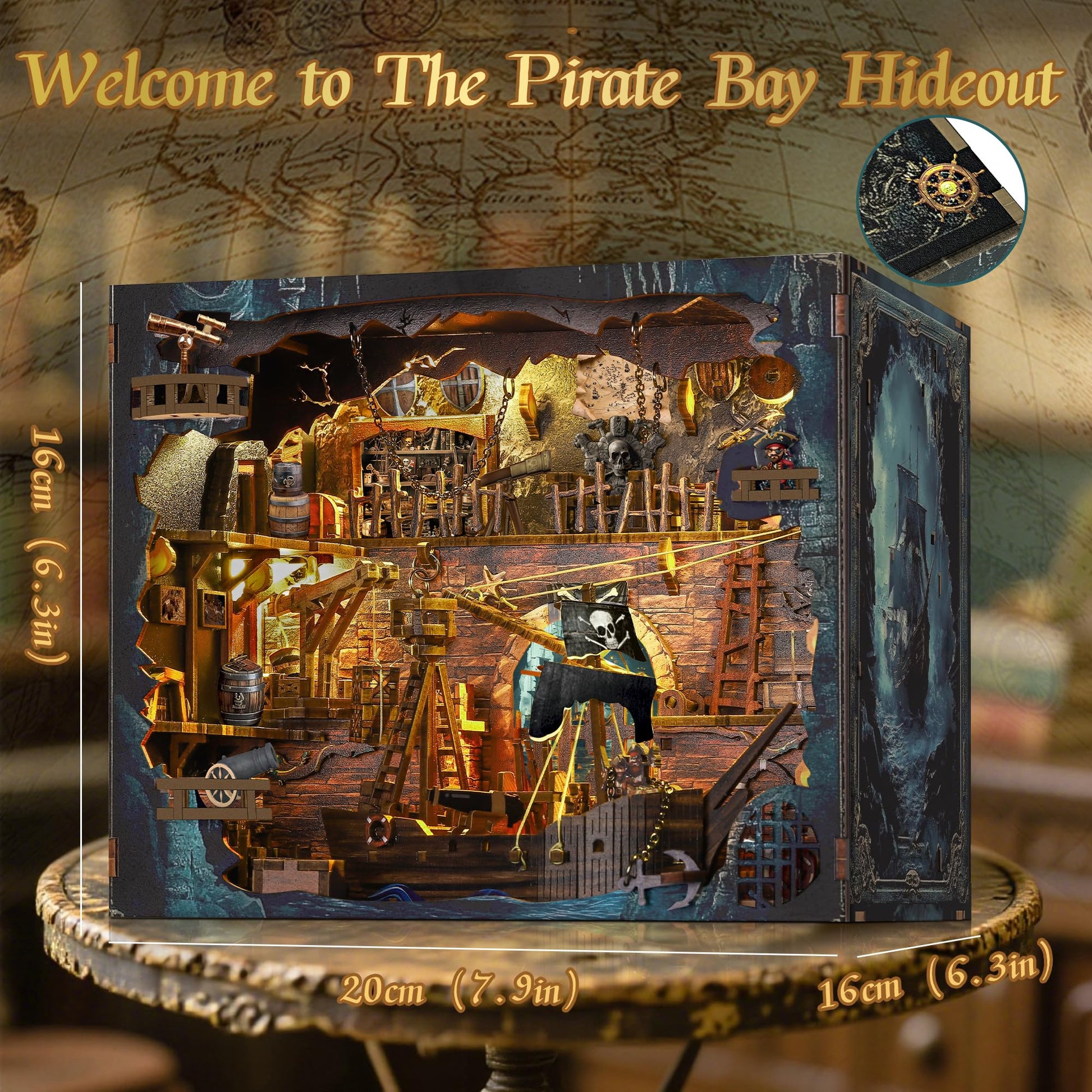 Pirate Book Nook Kit - DIY Miniature House Kit for Adults, Teens, Dollhouse Booknook Bookshelf Insert Decor with LED Light, 3D Wooden Puzzle Gifts