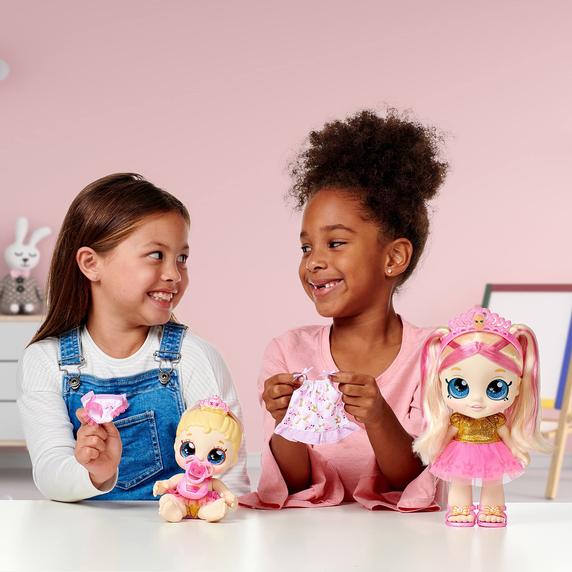 Kindi Kids Scented Sisters Pawsome Royal Family - Pre-School 10" Play Doll: Tiara Sparkles, 6.5" Baby Kindi: Teenie Tiara, and Kindi Pet: Prince