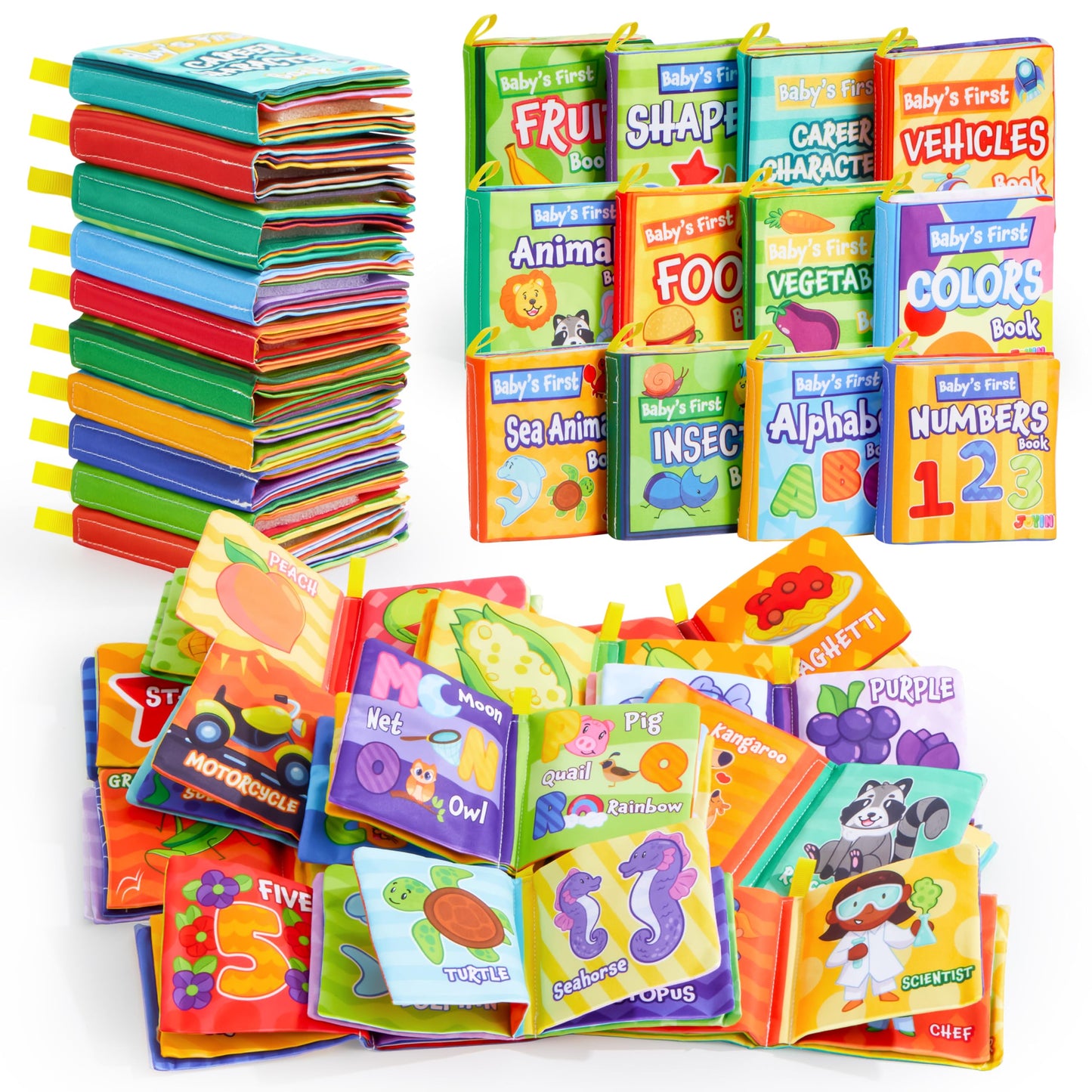 JOYIN 12 Pcs Bath Books, Nontoxic Fabric Soft Crinkly Cloth Books, Waterproof, Bathtub Pool and Early Education First Toys for Infant Newborn Baby