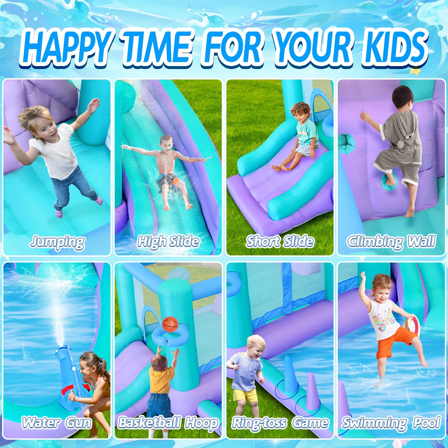 Bestsun Inflatable Bounce House Water Slide, 141 x 138 x 78 Inches Blow Up Water Slides, Splash Pool, Basketball, Ring Toss Game, Target Balls, Water