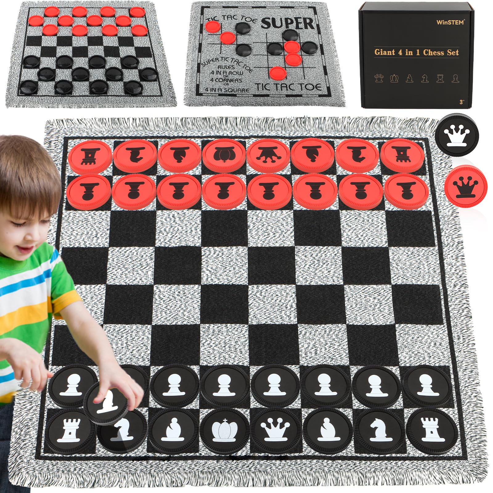 Giant 4 in 1 Chess Set,Jumbo Chess & Giant Checkers & Large Tic Tac Toe, Giant Chess Board Game for Kids Adults,Including 2 Extra Queen,Large Checkers