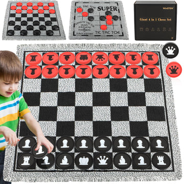 Giant 4 in 1 Chess Set,Jumbo Chess & Giant Checkers & Large Tic Tac Toe, Giant Chess Board Game for Kids Adults,Including 2 Extra Queen,Large Checkers