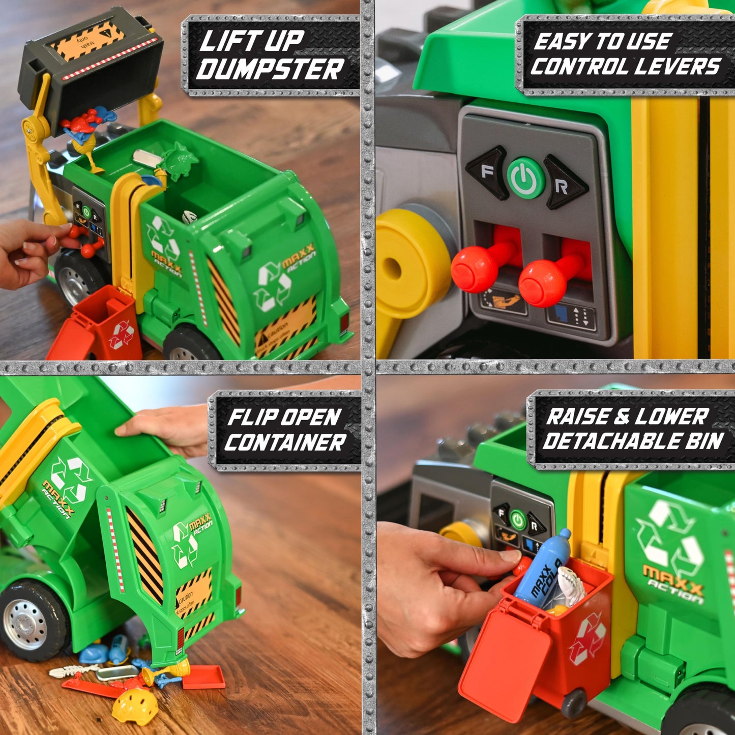 Maxx Action Large Motorized 19" Maxx Action Garbage Truck Toy Set with Lights and Sound Includes Dumpster, Trash Bin and Miniature Trash Pieces