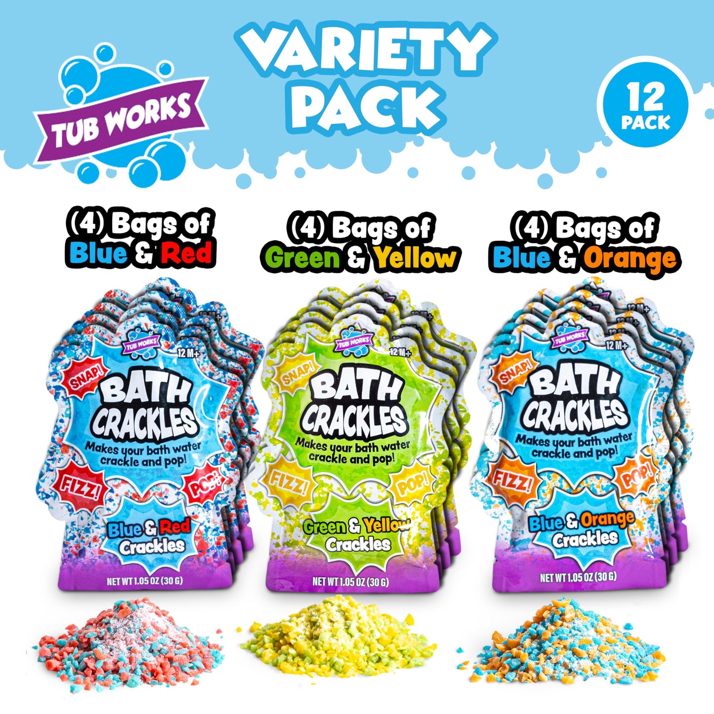 Tub Works® Bath Crackles Bath Toy, Variety 12 Pack | Nontoxic & Fragrance-Free | Makes Bath Water Crackle & Pop for a Unique Kids Bath | Swirl Water