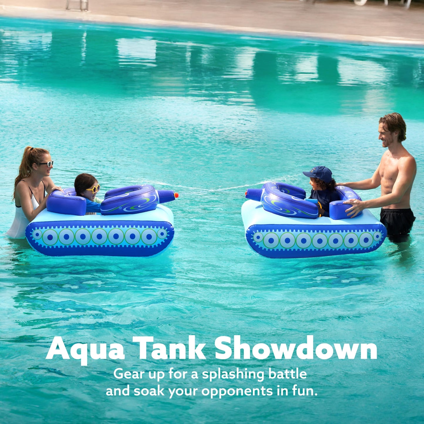 SLOOSH Inflatable Tank Pool Floats Kids, Pool Floaties Swimming Tank with Water Gun, Water Fight Toys, Inflatable Battle Fun for Summer