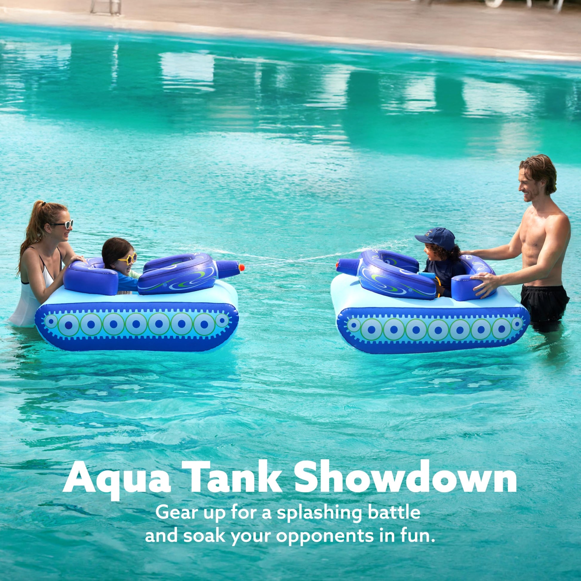 SLOOSH Inflatable Tank Pool Floats Kids, Pool Floaties Swimming Tank with Water Gun, Water Fight Toys, Inflatable Battle Fun for Summer