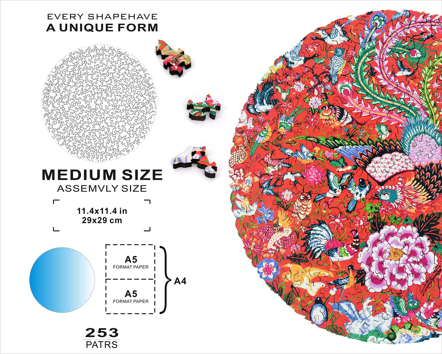 HARTMAZE Wooden Jigsaw Puzzles-Hundred Birds Paying Homage to The Phoenix 253 Truly Unique Piece Round Shape Best Choice for Adults and 10 Ages up