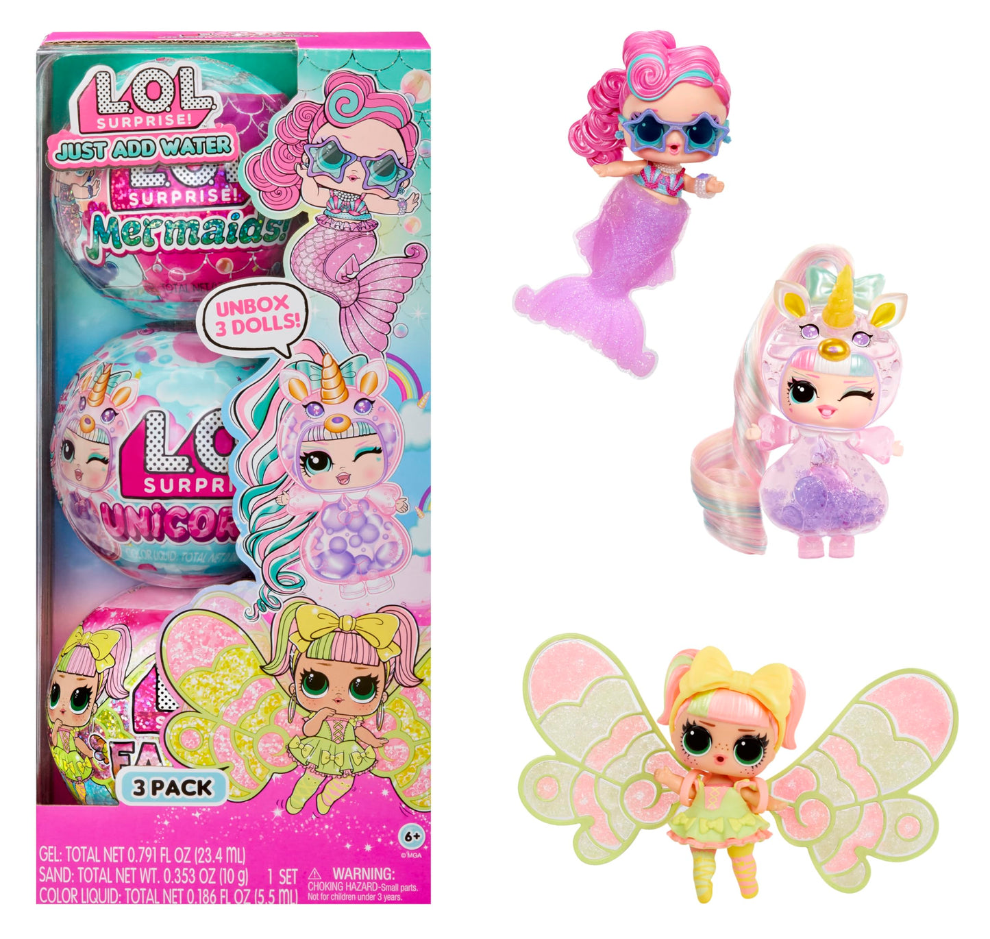 LOL Surprise Tots Just Add Water 3-Pack with 3 Make-Your-Own Fantasy Dolls and 25+ Surprises to UNbox Including Mermaid, Fairy, and Unicorn Dolls and