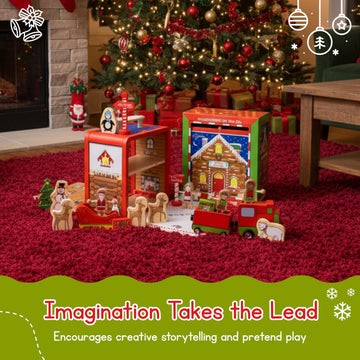 Jack Rabbit Creations 16-Piece Santa's Workshop Suitcase Playset - Santa, Elves, Reindeer & Snowman - FSC Bamboo, Eco-Friendly Toddler, Ages 3+