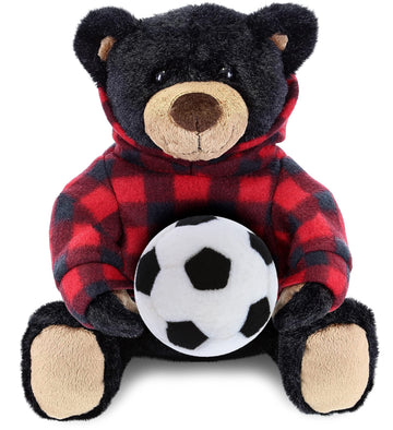 DolliBu Black Bear Stuffed Animal with Soccer Ball Plush and Red Plaid Hoodie - Super Soft Teddy Bear Plush Toy, Cute Wildlife Gift for Kids