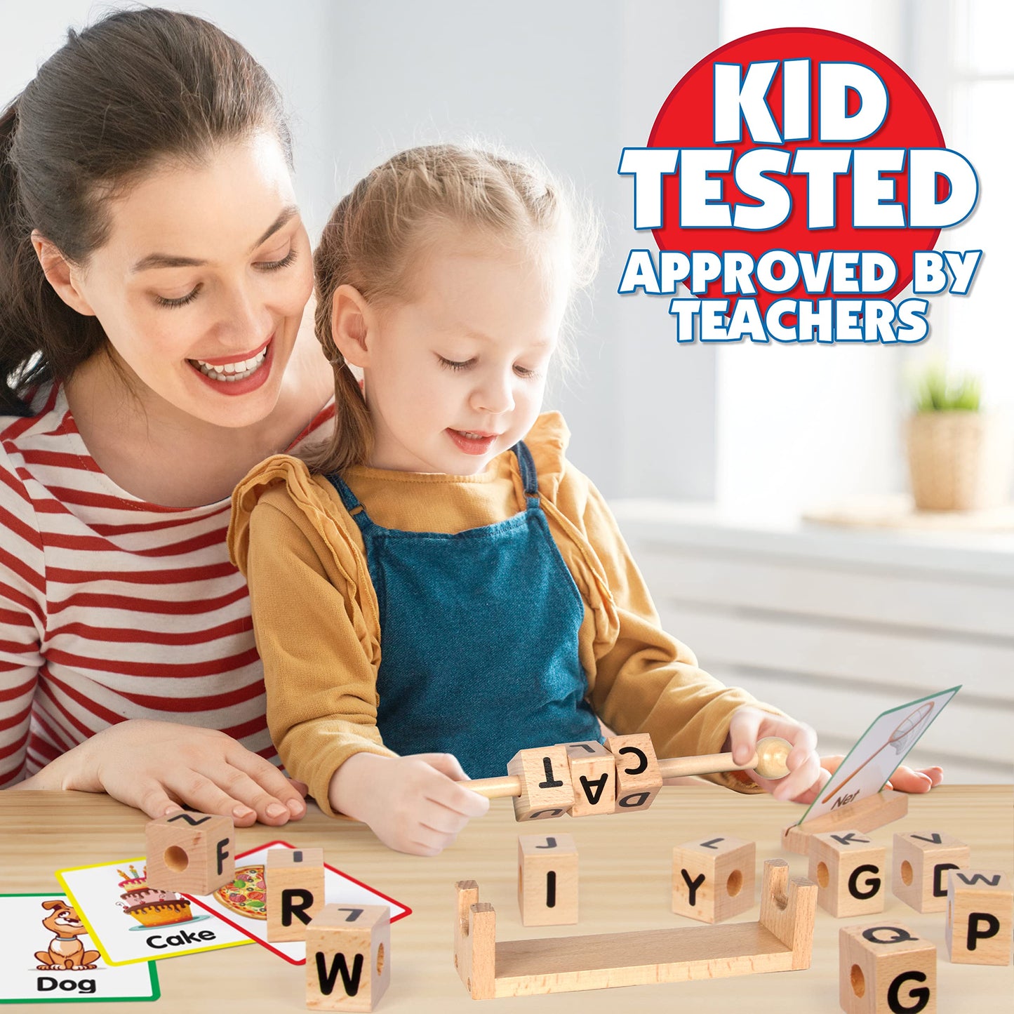 Wooden Reading Blocks - Spin, Spell & Match Words - 16 Alphabet ABC Blocks & 50 Cards with Images - Montessori Learning Reading Games Toy for Toddlers