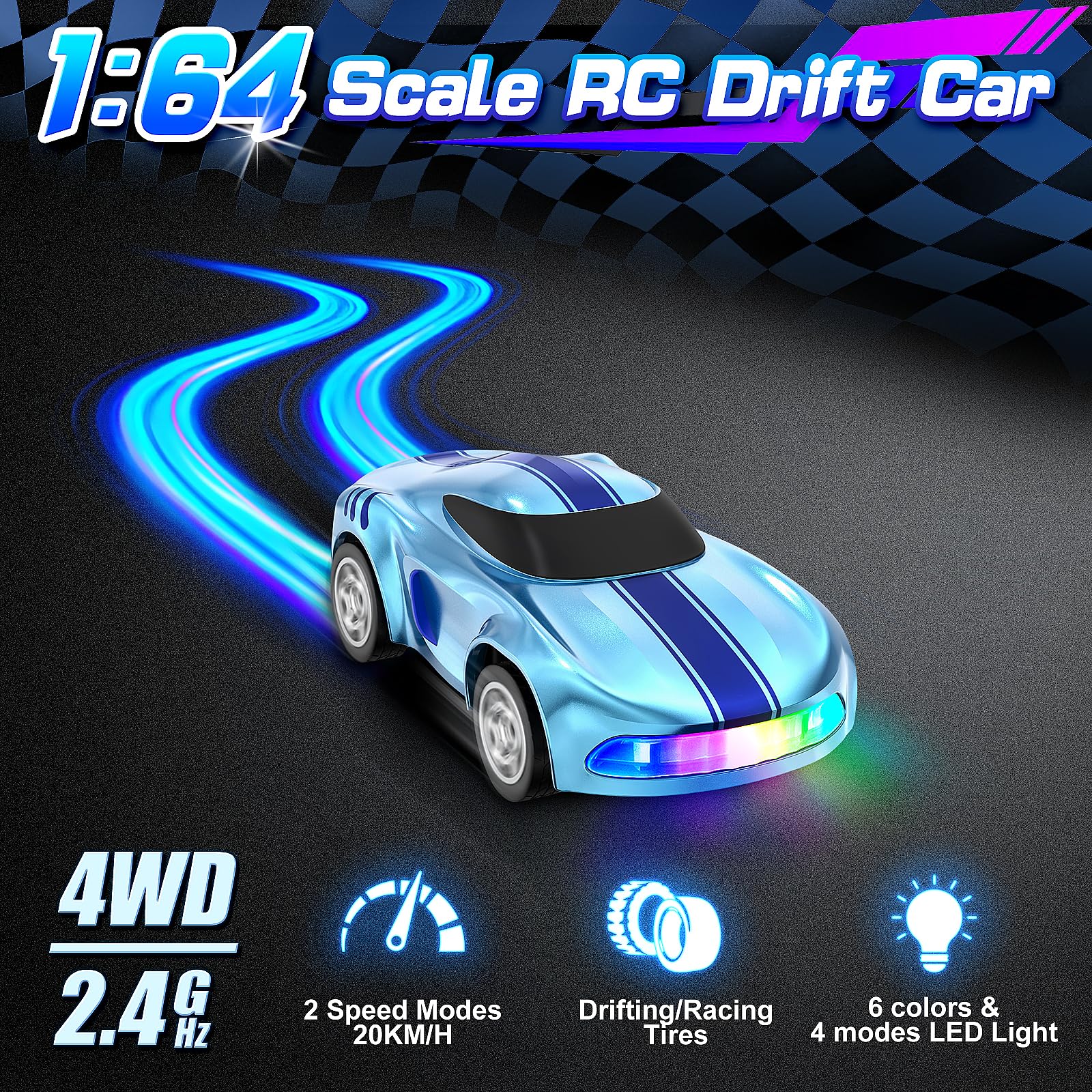 Salazaza RC Drift Car, 1/64 Mini Drift RC Cars 4WD Micro Remote Control Car with LED Lights and Speed Switch, Ideal Birthday Cars Toys for Adults Kids