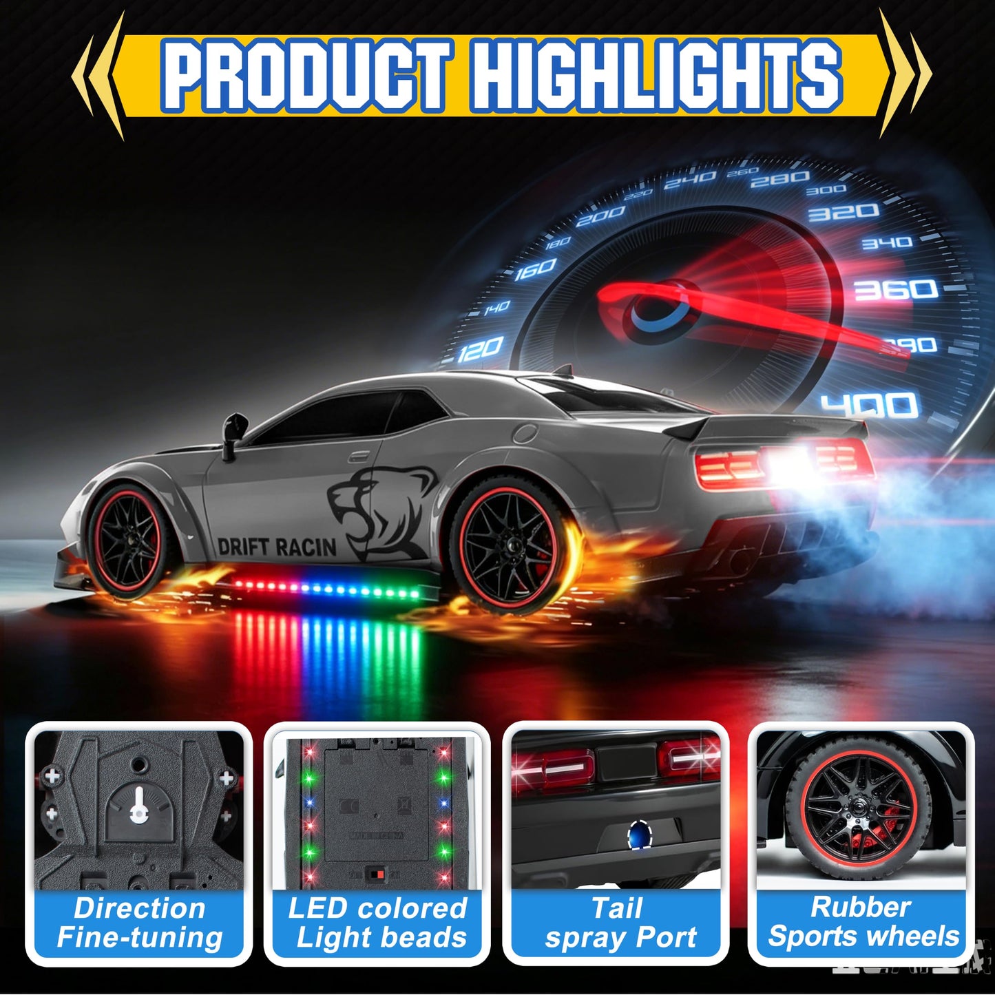 SYUUKH Remote Control Car 1:14 Scale RC Cars with Spray Effect, LED Lights & Realistic Sound, 2.4GHz Racing Toy with Controller, Christmas Birthday