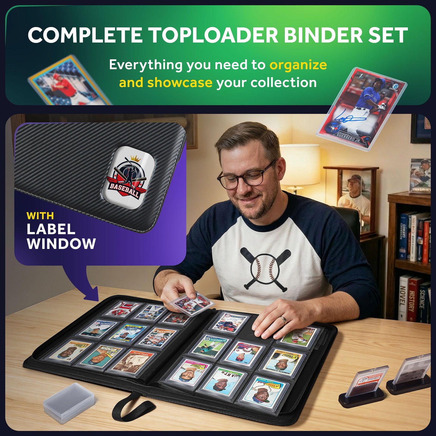 HEYKOVO Top Loader Binder 289 Cards I with 20 Toploaders and 2 Stands I Black Carbon PU Toploader Binder holds 3x4 inch Baseball, Football, Sports