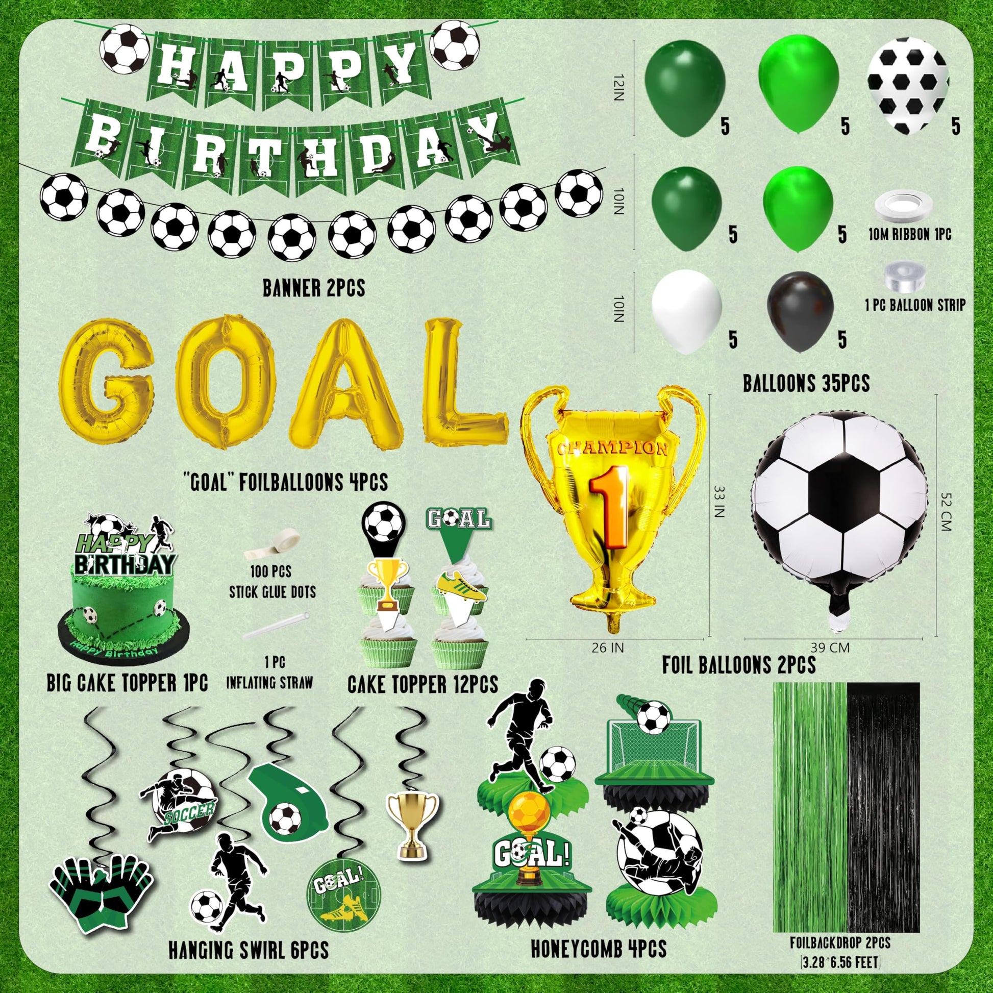 Soccer birthday Party Decorations, Soccer Birthday Party Supplies Kit, Include Sport Themed Birthday banner, Foil Fringe,Hanging Swirls, Soccer