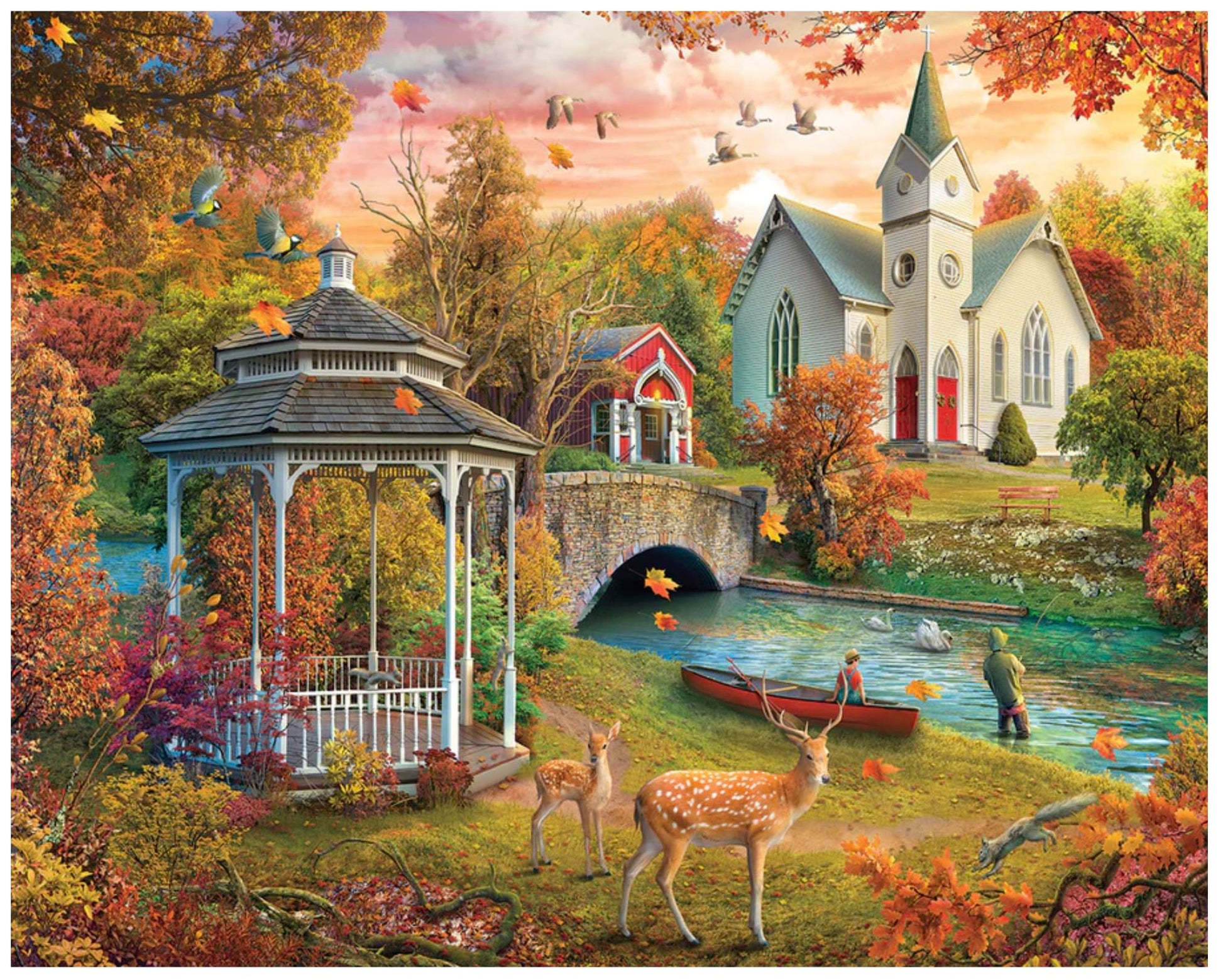 White Mountain 1000 Piece Jigsaw Puzzle Fall and Autumn, The River Church