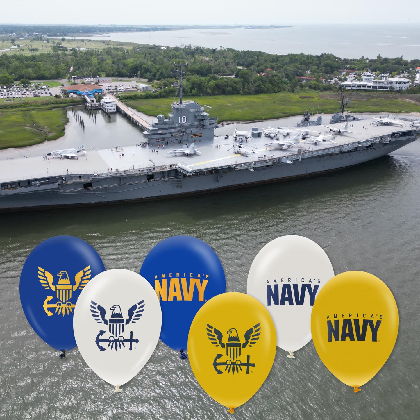 U.S. Navy Party Balloons (10 pcs)! 12” Latex balloons in Blue, White & Yellow with Striking Print on 2 sides. Officially Licensed U.S. Navy