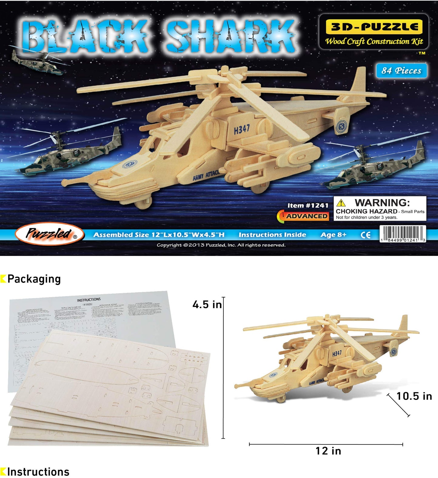 Puzzled 3D Puzzle Black Shark Helicopter Wood Craft Construction Model Kit, Educational DIY Wooden Toy Assemble Model Unfinished Crafting Hobby Army