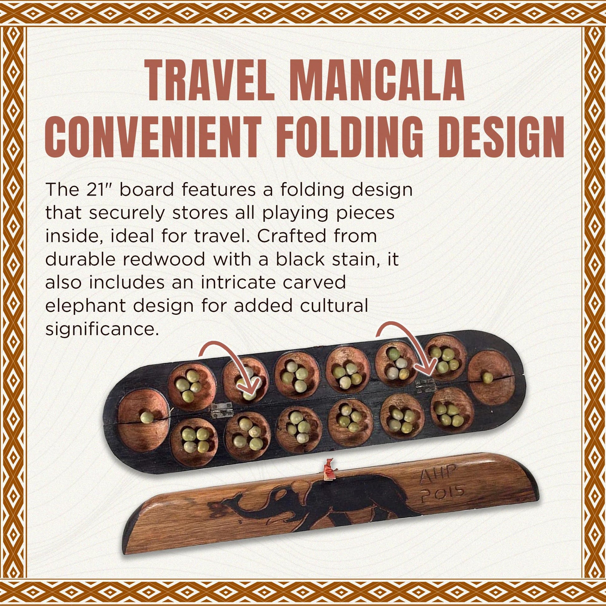 Africa Heartwood Project African Oware Mancala Board - Extended Size, Hand-Carved Solid Wood with Elephant Design, Wooden Folding Mancala 21" Board