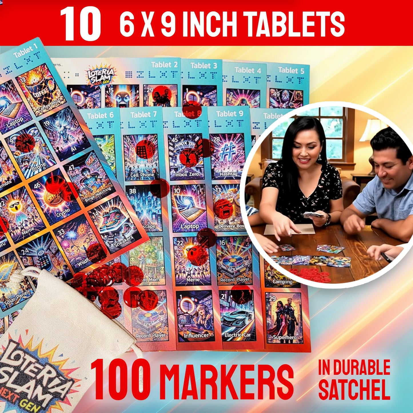 Wreathy Games Lotería Slam Next Gen - Premium Mexican Bingo Card Game, 55 Card Deck, Deluxe Gamebox, Satchel with 100 Tokens, 10 Tablets, Champion's