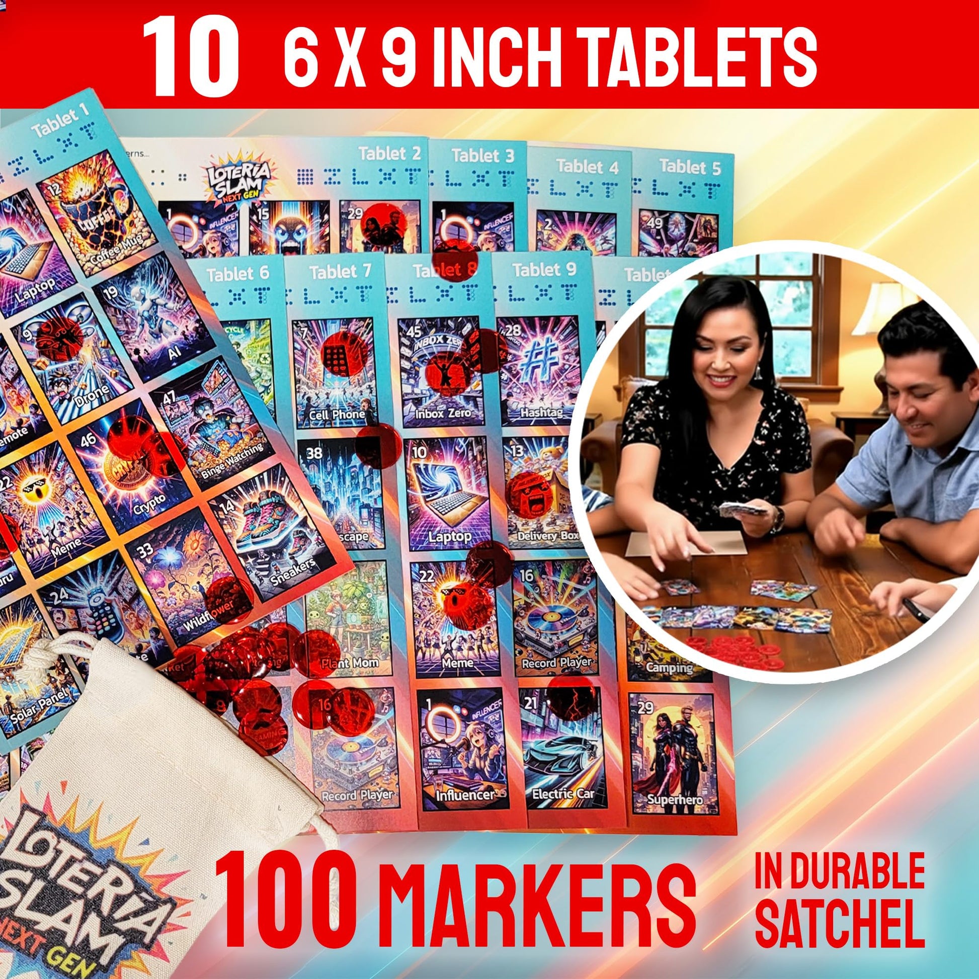Wreathy Games Lotería Slam Next Gen - Premium Mexican Bingo Card Game, 55 Card Deck, Deluxe Gamebox, Satchel with 100 Tokens, 10 Tablets, Champion's