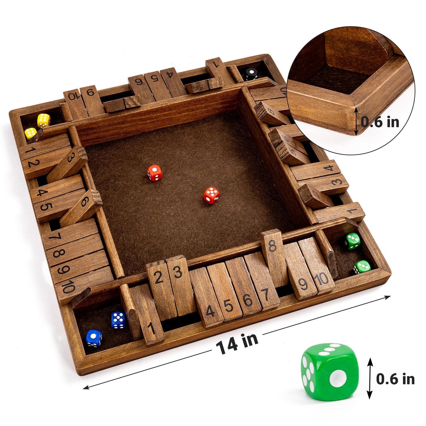 ropoda 14 Inches 4-Way Shut The Box Game (2-4 Players) for Kids & Adults (4 Sided Large Shut the Board Game Wooden, 8 Dice) - Vintage Style,Close