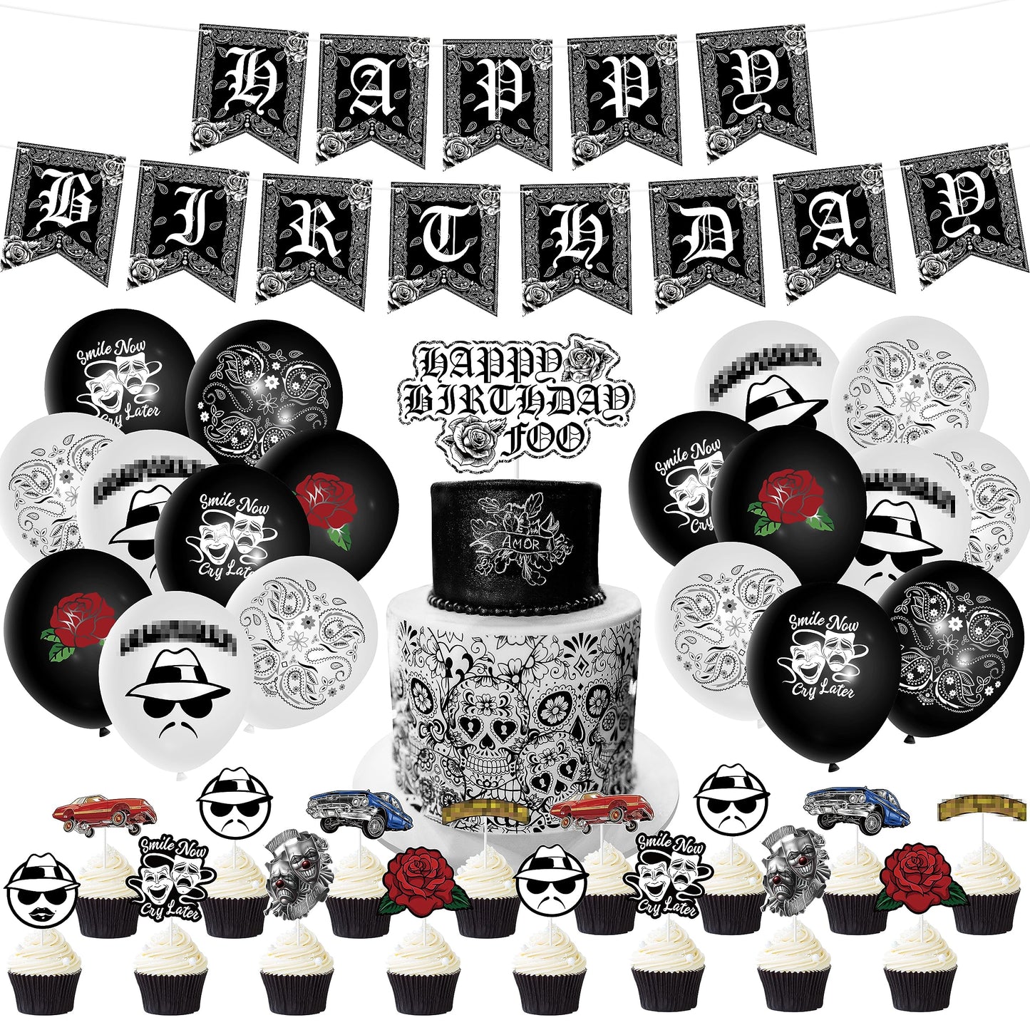 Wood Homing 51PCS Cholo Birthday Party Decorations, Early 2000s Party Kit for Teens, Old School Black Cholo Theme Balloons, Happy Birthday Banner