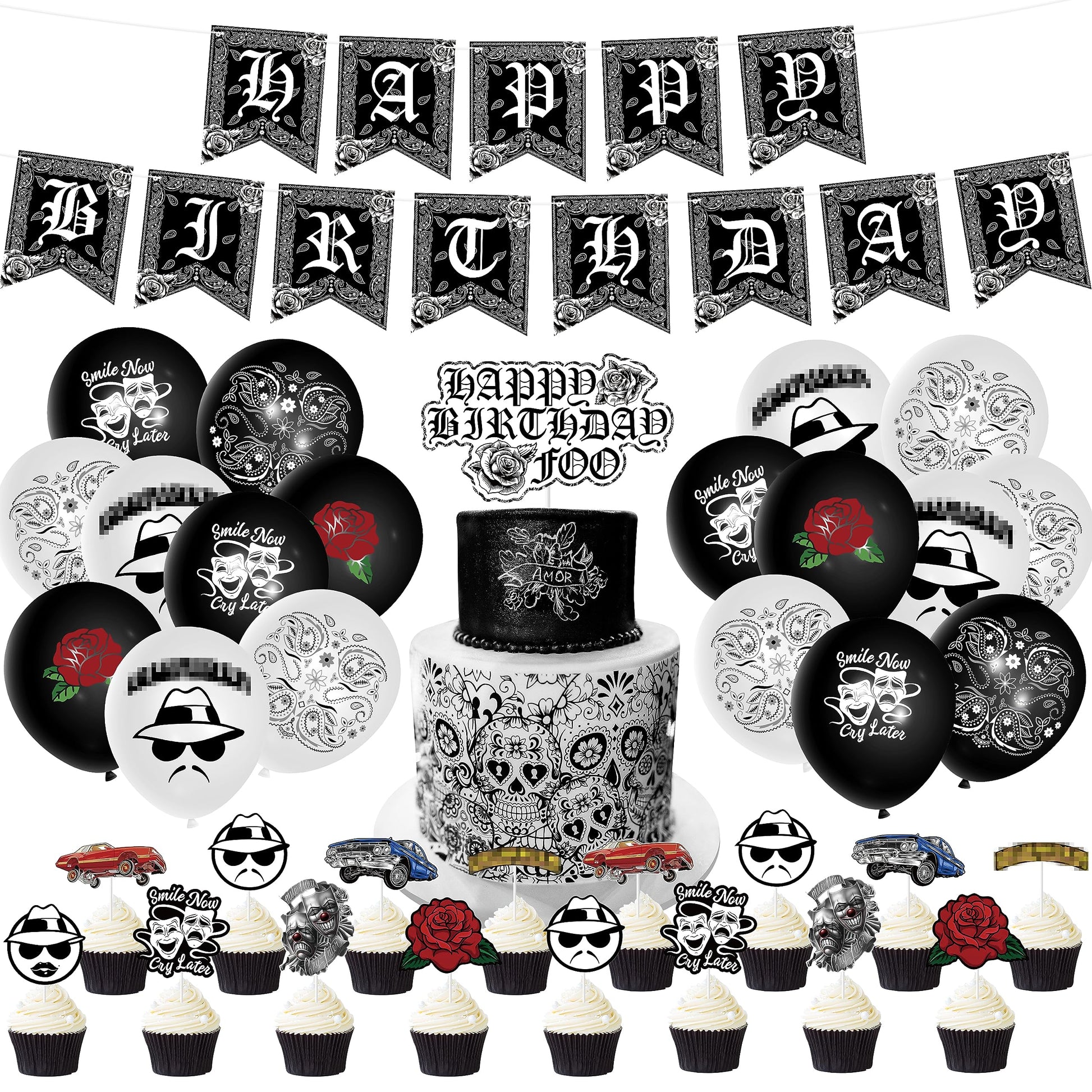 Wood Homing 51PCS Cholo Birthday Party Decorations, Early 2000s Party Kit for Teens, Old School Black Cholo Theme Balloons, Happy Birthday Banner