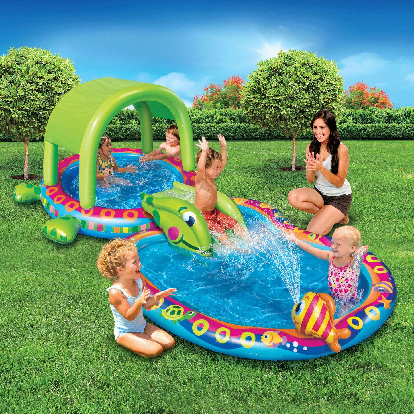 Banzai Shade 'N Slide Turtle Inflatable Outdoor Kiddie Splash Pool with Fish Sprinkler, Removable Canopy, and Mini Slide for Ages 3+