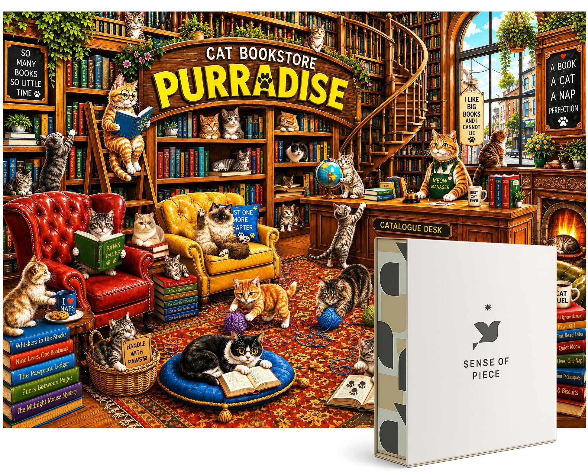 Cat Puzzle for Adults 1000 Pieces - Cozy Bookstore Library Cats Jigsaw