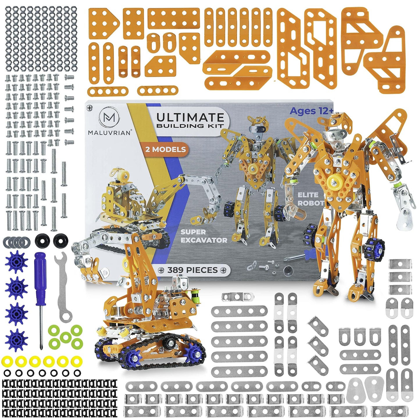 MALUVRIAN Erector Set for Boys & Girls - Metal Model Kits for Adults, Teens & Advanced Kids - Stem Toys - Build A Robot or Excavator - Educational