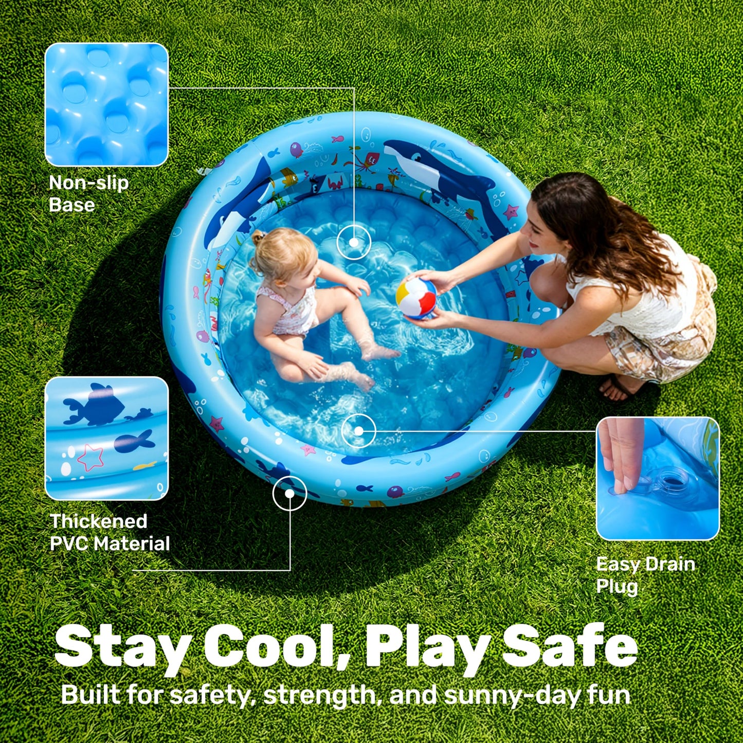 Sloosh Inflatable Kiddie Pool, 34"x10" Blow Up Kid Swimming Pool, 3 Rings Blue Baby Pool for Toddler, Play Pit for Dog with Ocean Whale Pattern