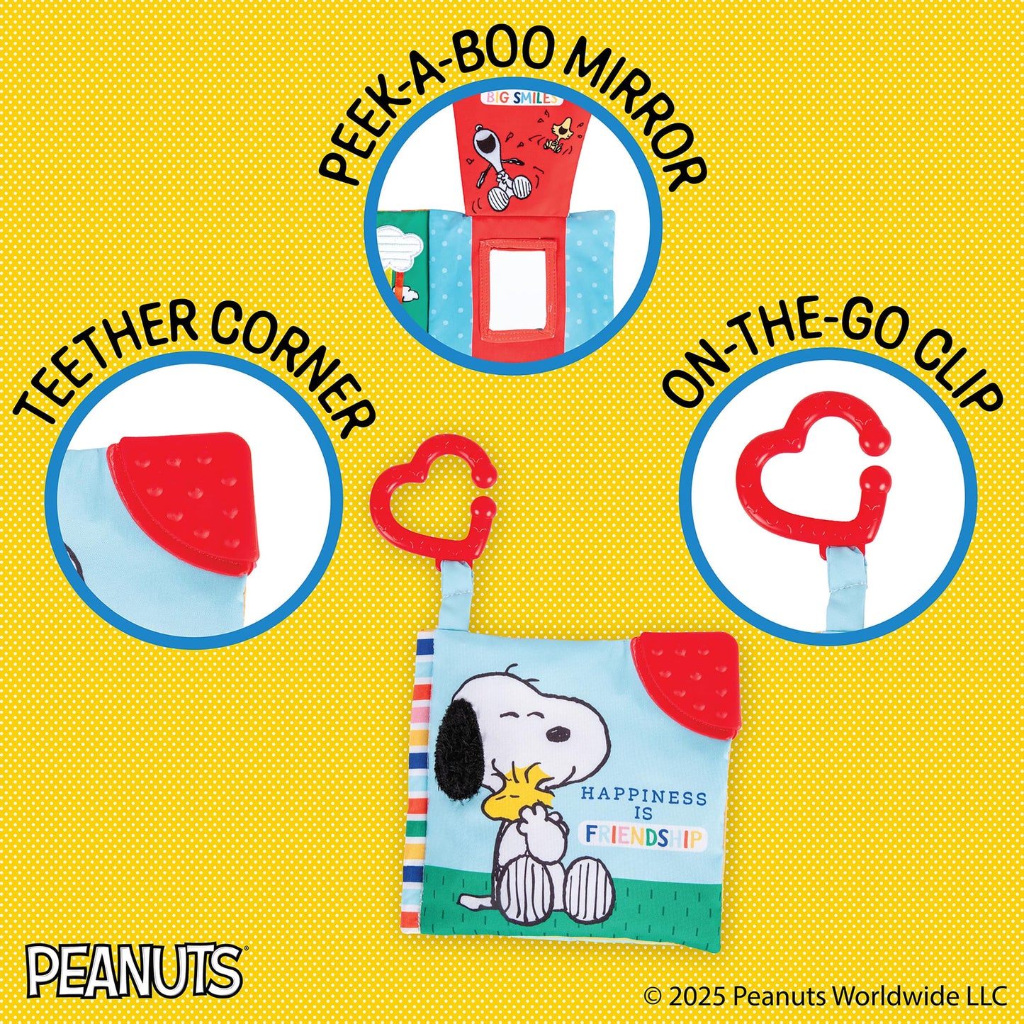 Kids Preferred Peanuts Snoopy Baby Stuff Fun Crinkle Book with On The Go Travel Clip Teether Soft Sensory Book for Babies & Toddlers, 5.25x5.25 Inches