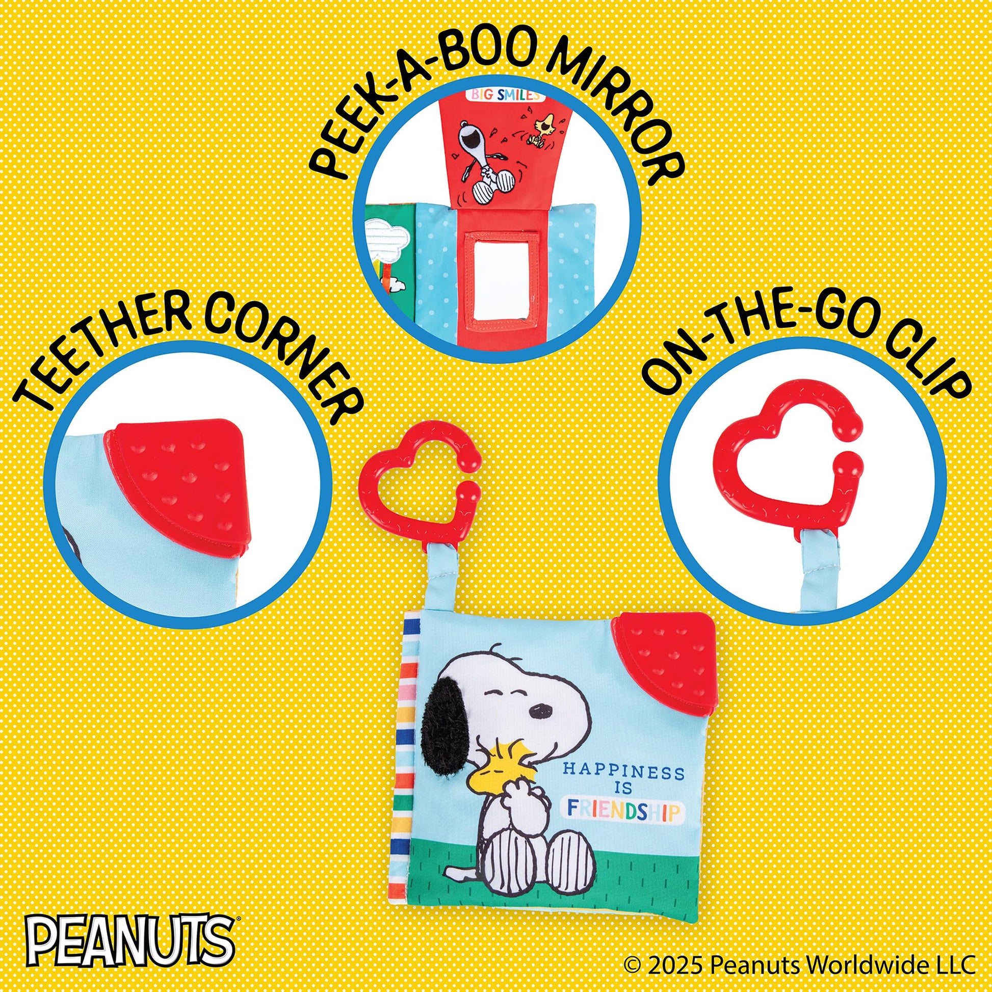 Kids Preferred Peanuts Snoopy Baby Stuff Fun Crinkle Book with On The Go Travel Clip Teether Soft Sensory Book for Babies & Toddlers, 5.25x5.25 Inches