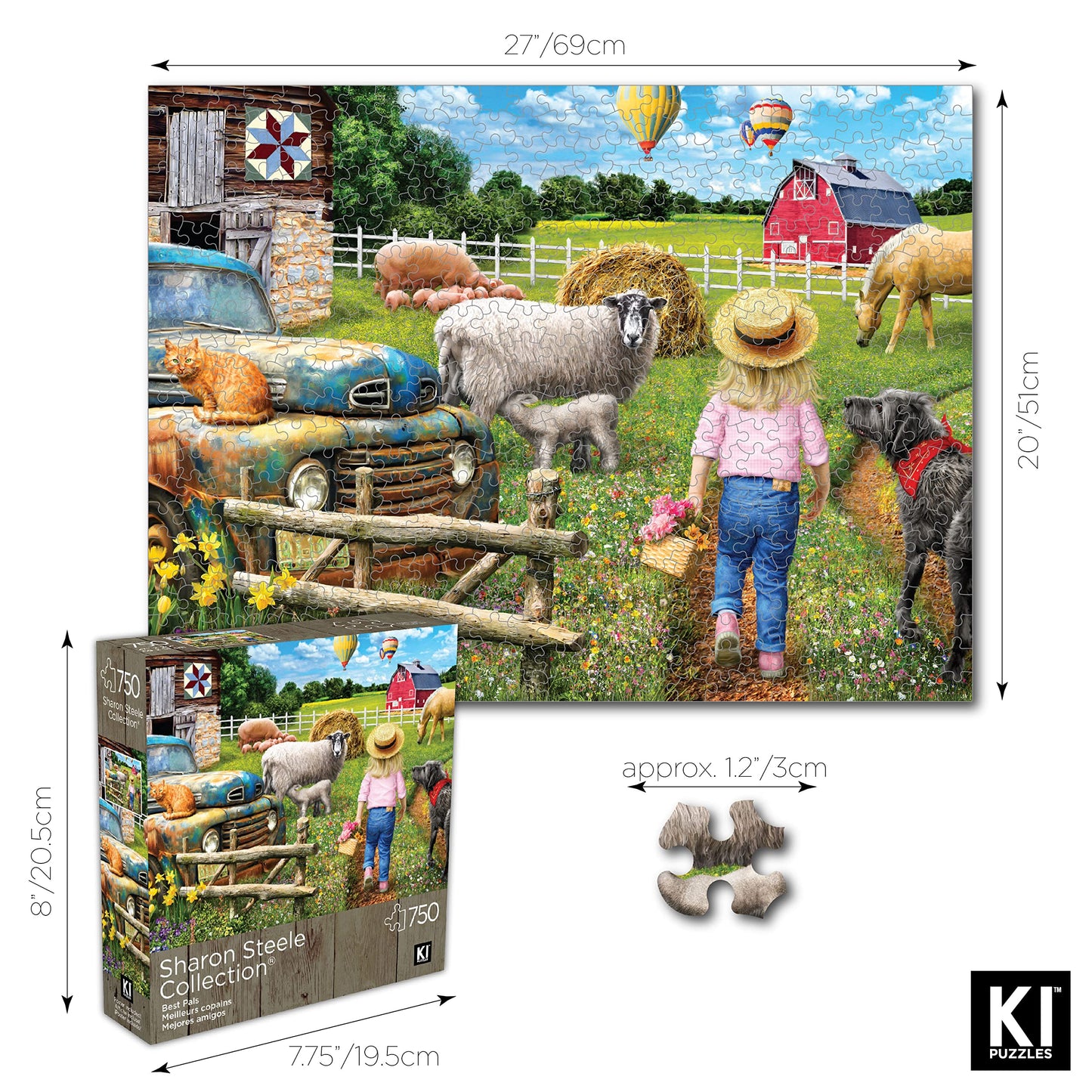 Best Pals 750 Piece Jigsaw Puzzle for Adults - 27x20 Inch Whimsical Farm Animal Scene by Sharon Steele - Challenging Country Puzzle with Poster - Fun