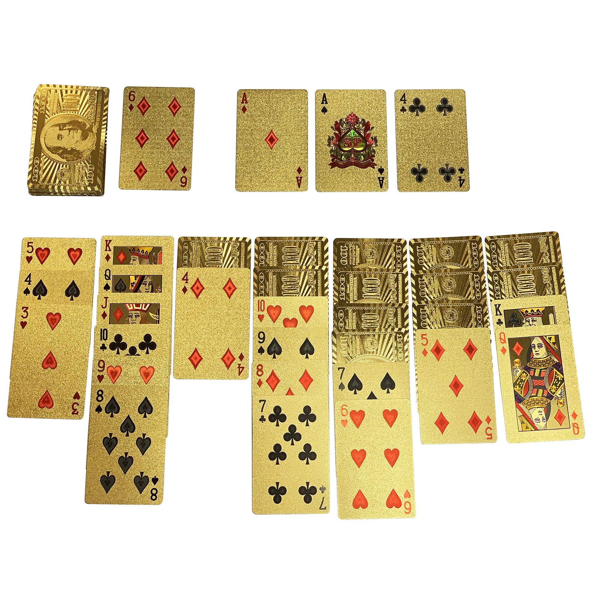 Rok 24K Gold 100 Dollar Bill Foil Flexible Water Resistant Plastic 52 Poker Playing Cards Deck for Table Game