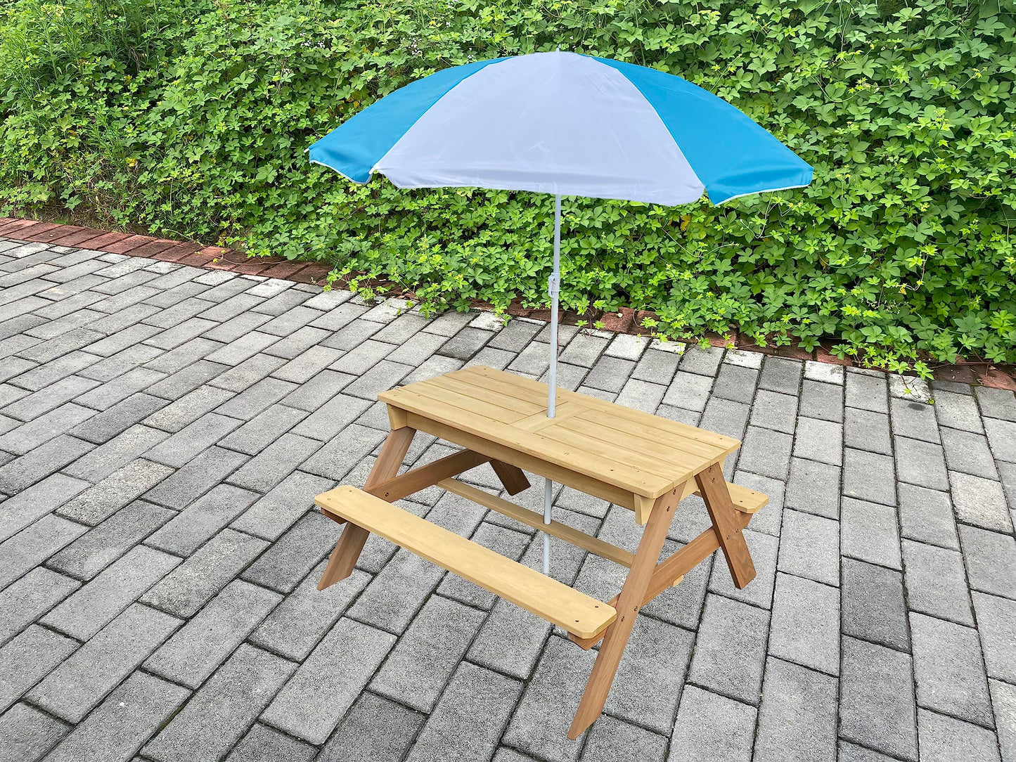 BTExpert Kids 3-in-1 Sand Water Activity Table Wooden Outdoor Convertible Picnic Table Bench Adjustable Umbrella Removable Top 2 Play Boxes Toy Set 37