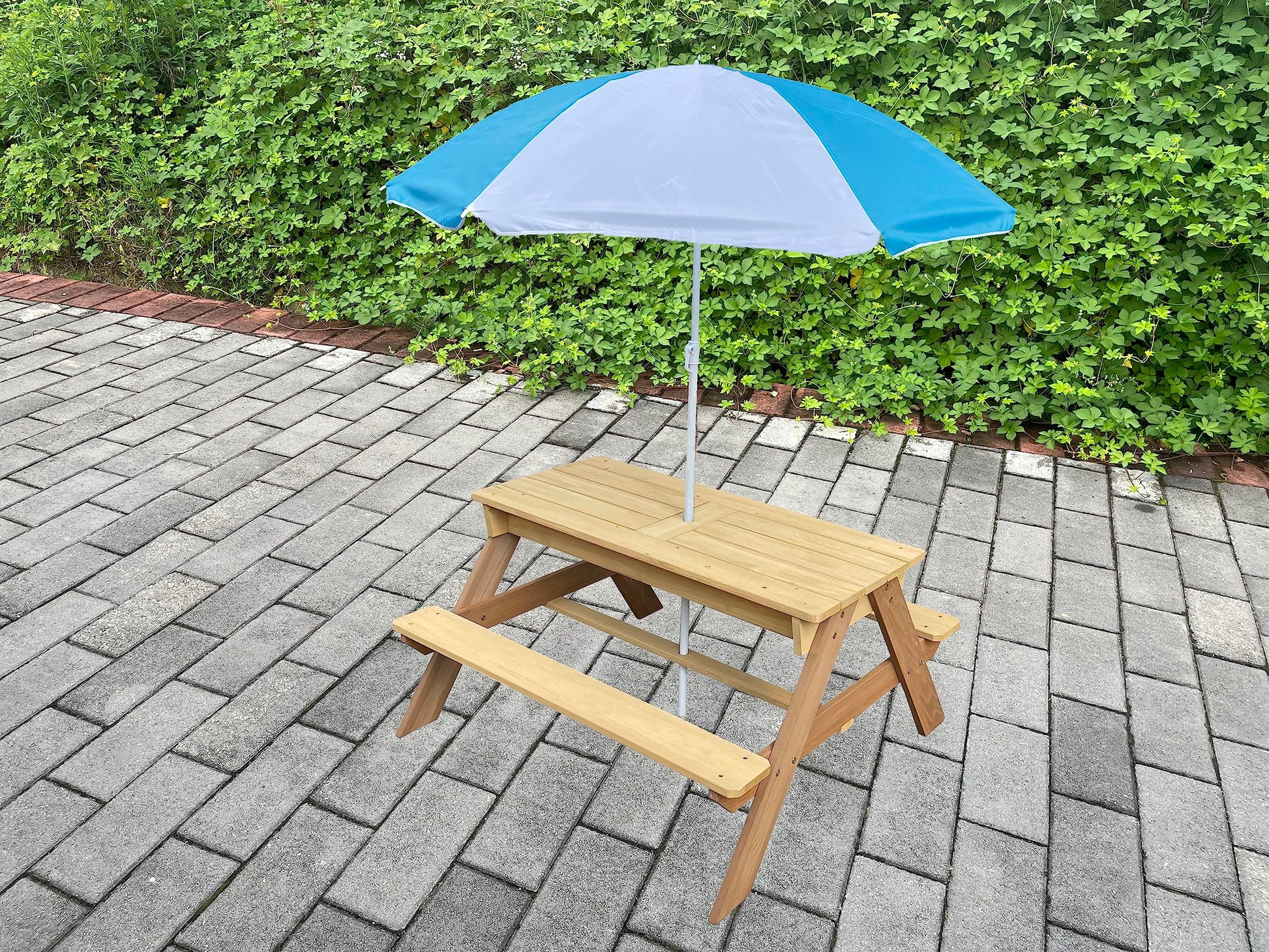 BTExpert Kids 3-in-1 Sand Water Activity Table Wooden Outdoor Convertible Picnic Table Bench Adjustable Umbrella Removable Top 2 Play Boxes Toy Set 37