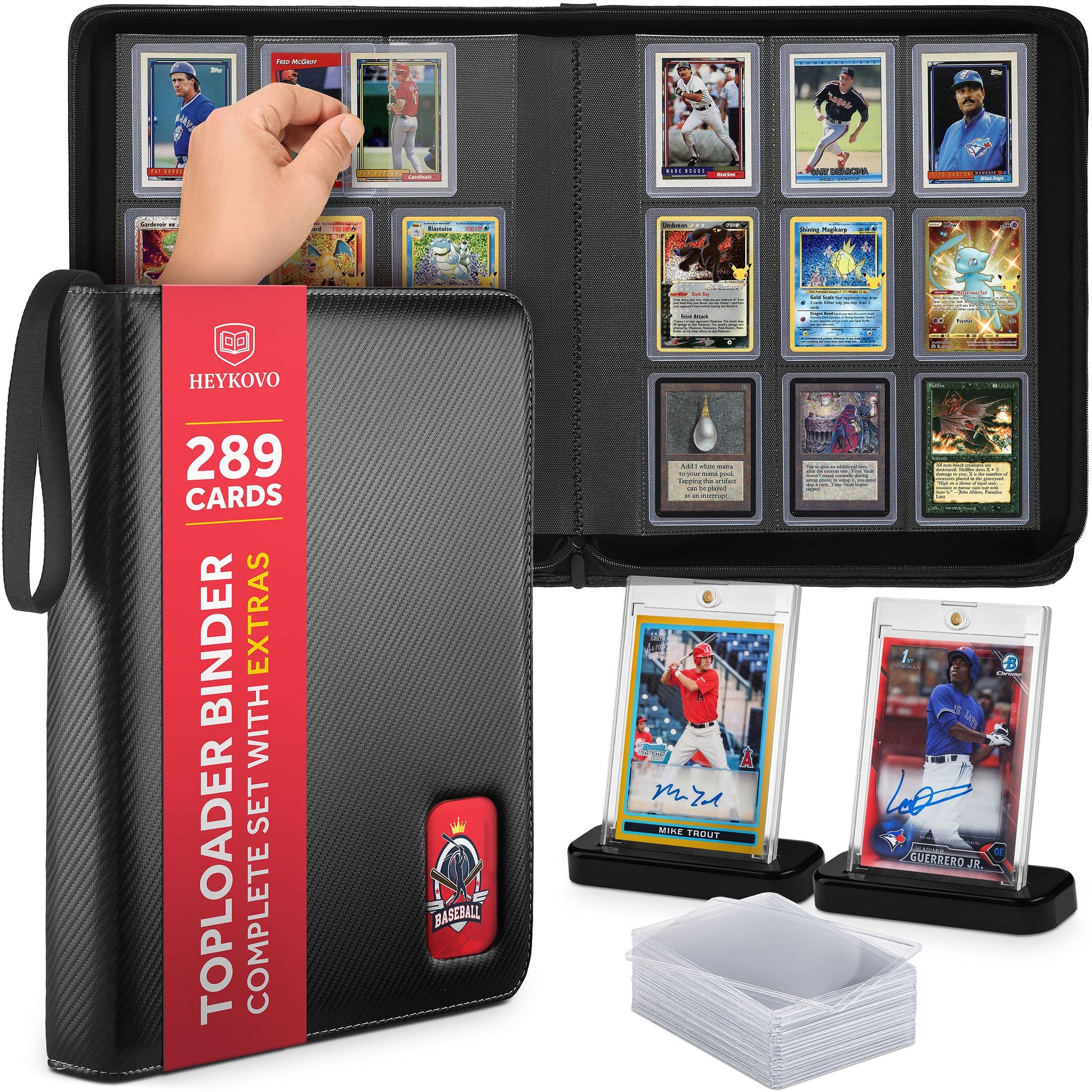 HEYKOVO Top Loader Binder 289 Cards I with 20 Toploaders and 2 Stands I Black Carbon PU Toploader Binder holds 3x4 inch Baseball, Football, Sports