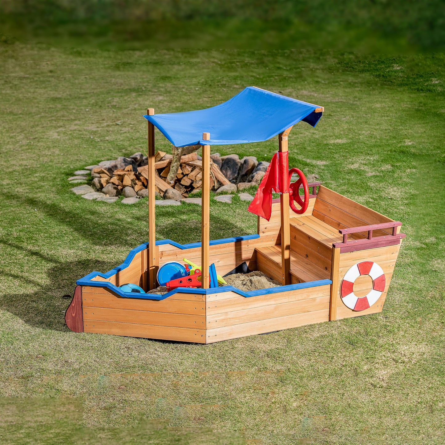 GFDGFD 63" Large Wooden Pirate Ship Sandbox with Cover, Waterproof Canopy & Storage Bench, Sturdy Sand Pit with Rudder & Steps for Children Ages 3-8