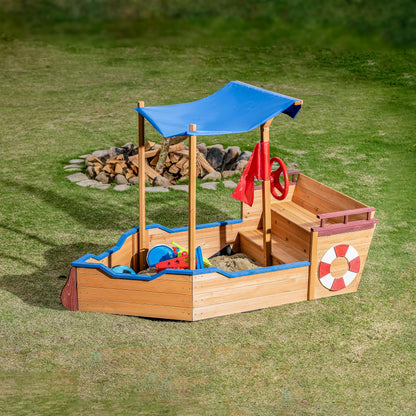 GFDGFD 63" Large Wooden Pirate Ship Sandbox with Cover, Waterproof Canopy & Storage Bench, Sturdy Sand Pit with Rudder & Steps for Children Ages 3-8