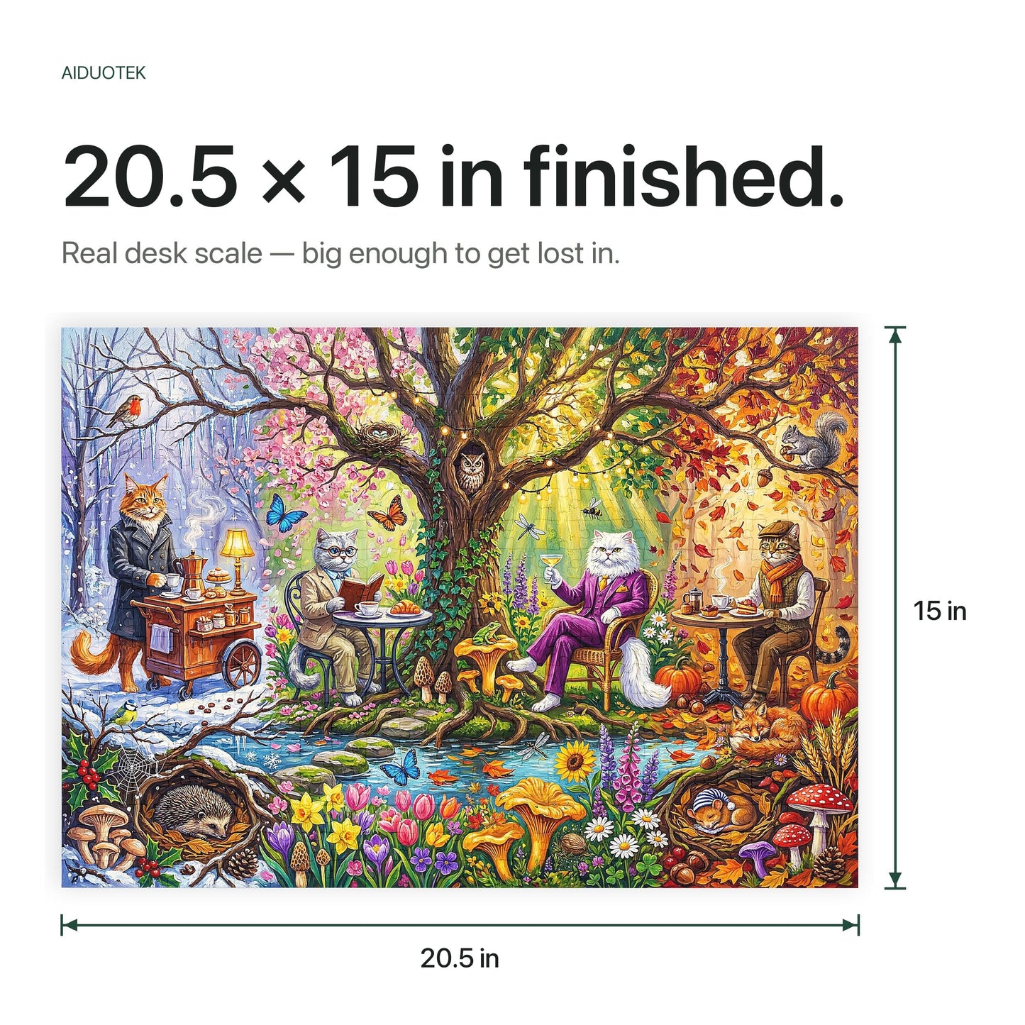 500 Piece Jigsaw Puzzle for Adults - Four Seasons Cat Cafe Whimsical Painting - Colorful Storybook Art Style 20.5x15 in with Reference Poster - Unique