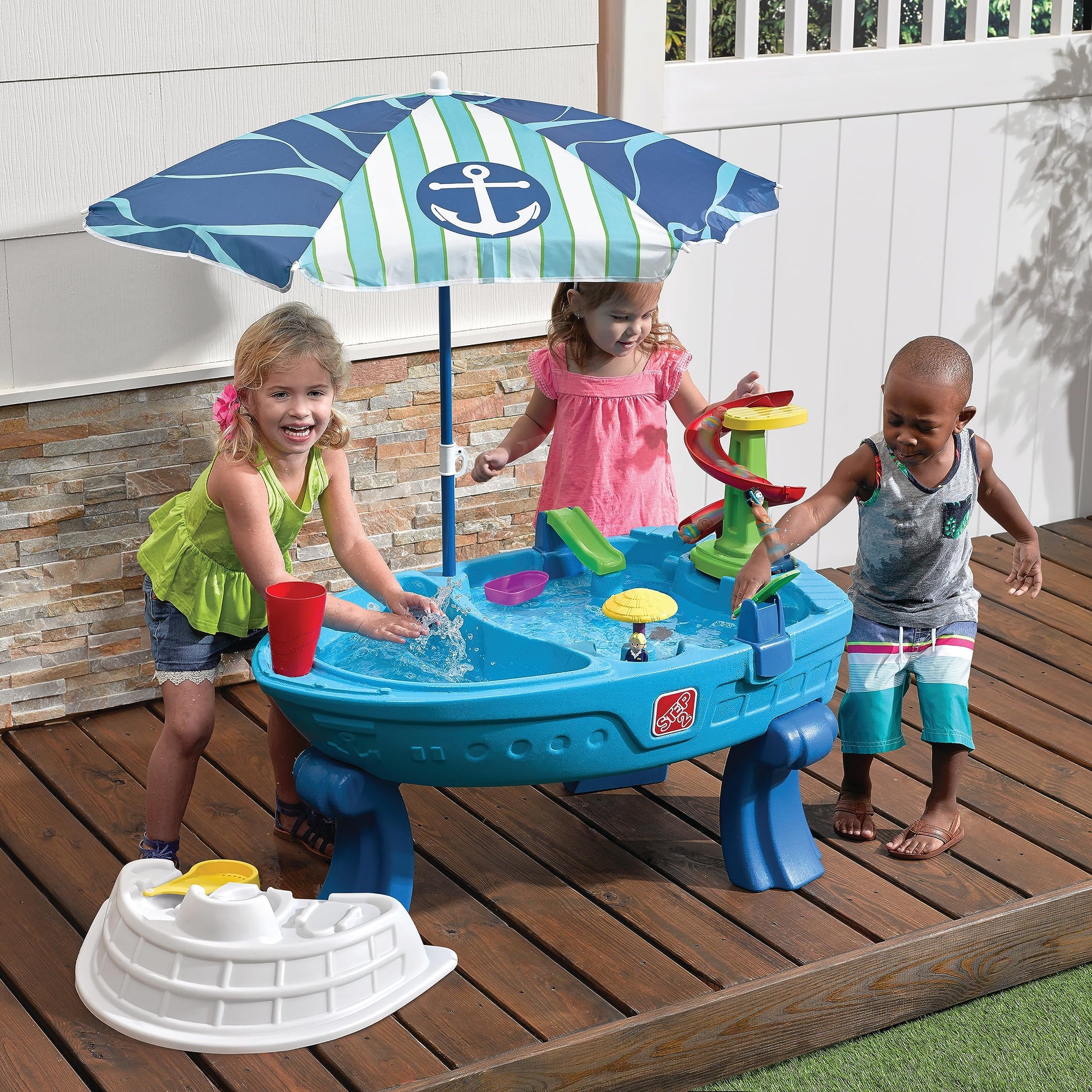 Step2 Fiesta Cruise Sand & Water Table with Umbrella, Kids Activity Sensory Playset, Summer Outdoor Toys, 10 Piece Water Toy Accessories, for Toddlers